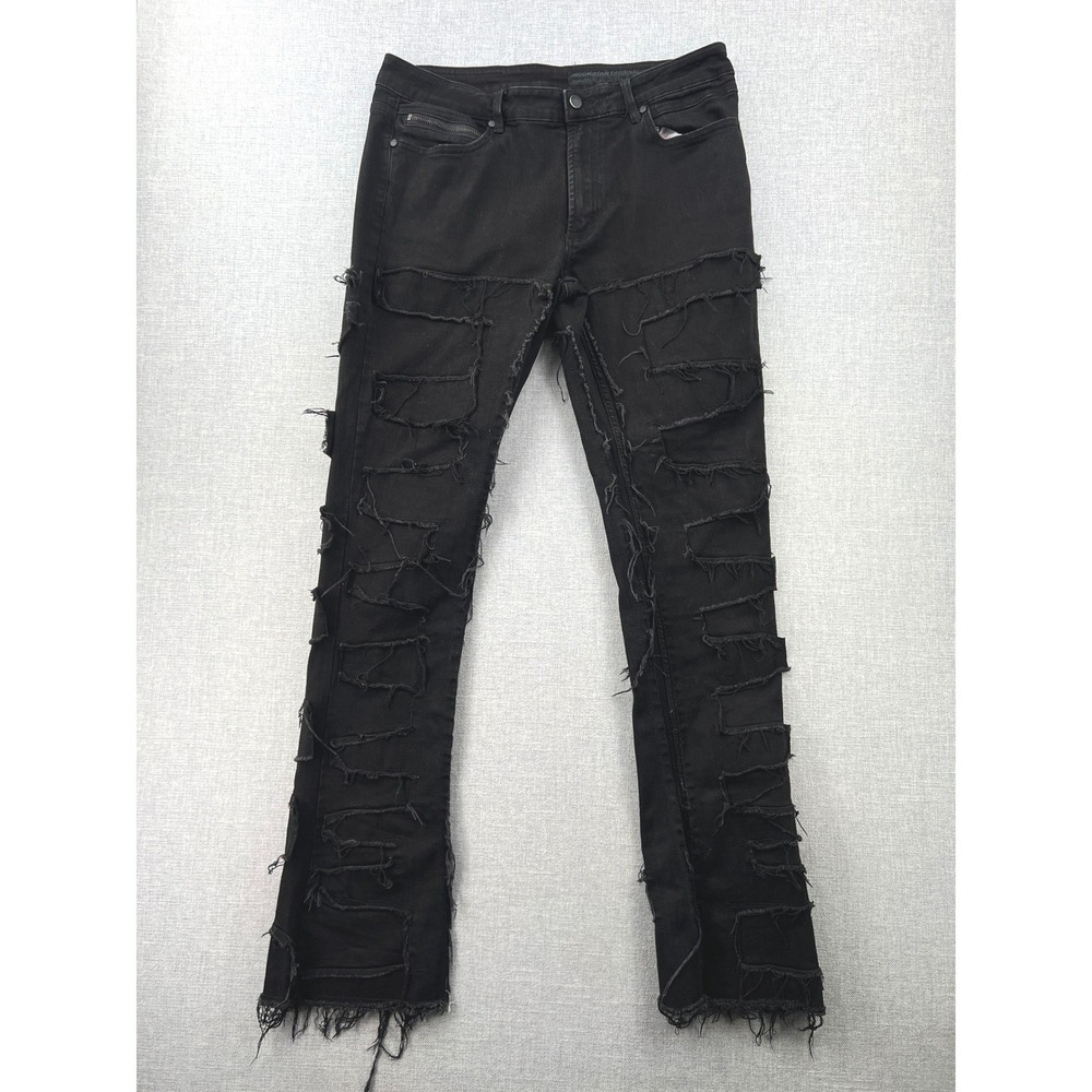 Rockstar Original Shake Stacked Flare Jeans Men 38x35 (fits 36x35) Black Ripped
